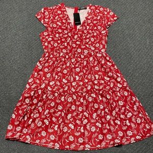 Red floral dress.